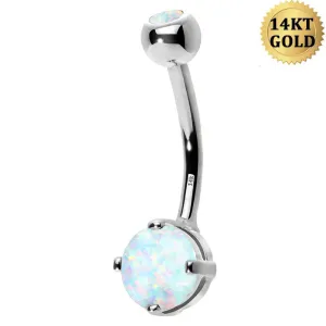 14K White Gold Round Opal 14G Belly Button Ring