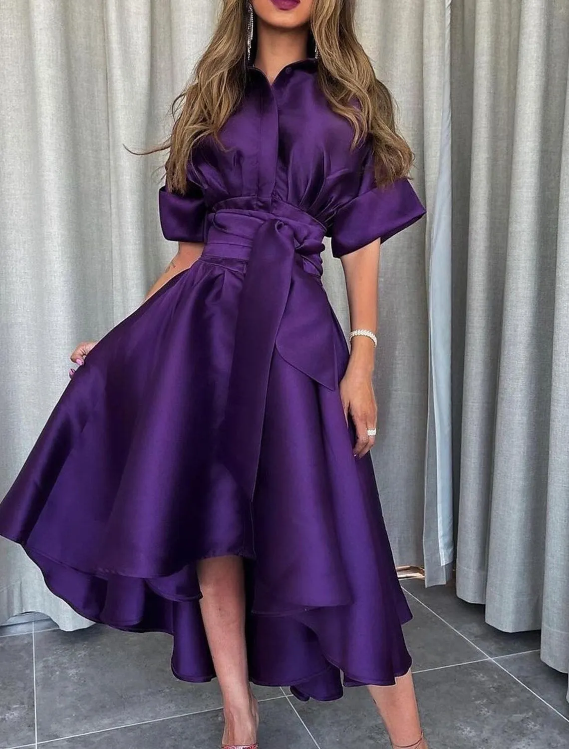 A-Line Evening Gown Elegant Dress Formal Asymmetrical Short Sleeve Shirt Collar Satin with Strappy