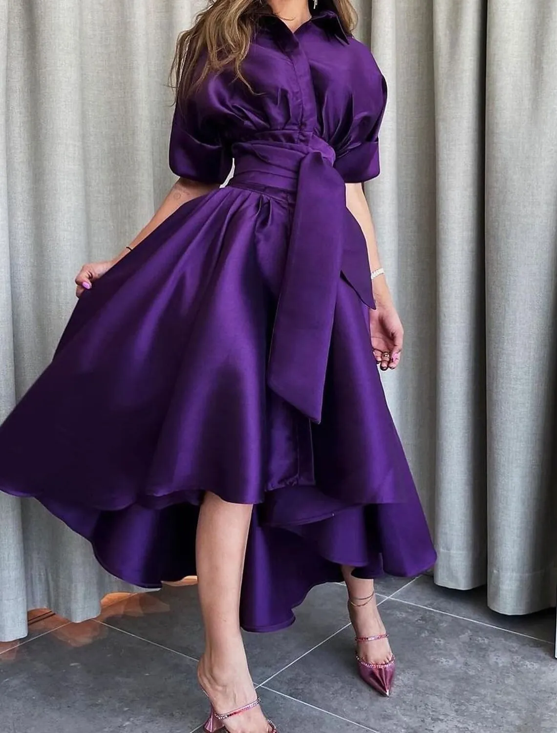 A-Line Evening Gown Elegant Dress Formal Asymmetrical Short Sleeve Shirt Collar Satin with Strappy