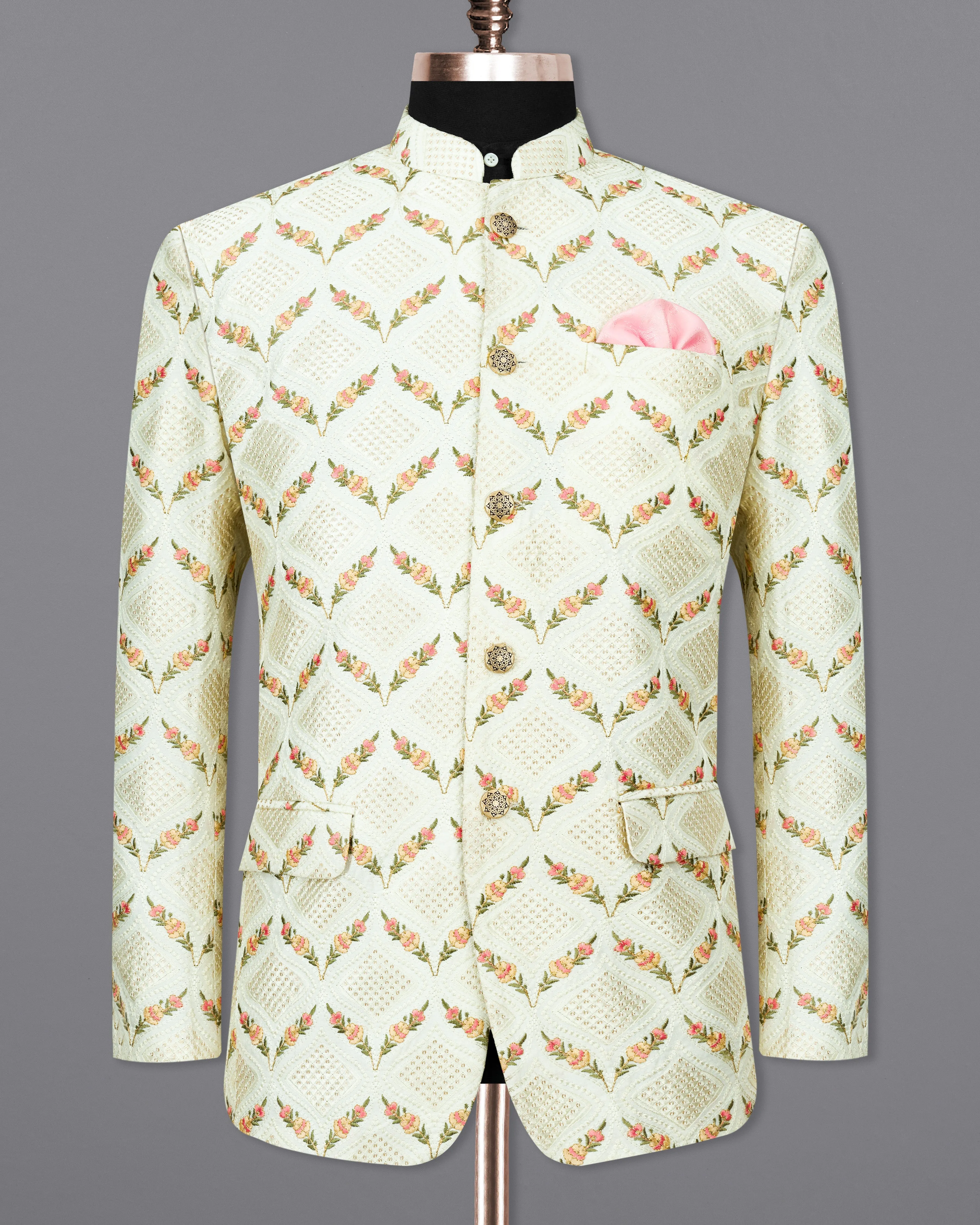 Albescent Cream with Sequins Embroidered Bandhgala Blazer