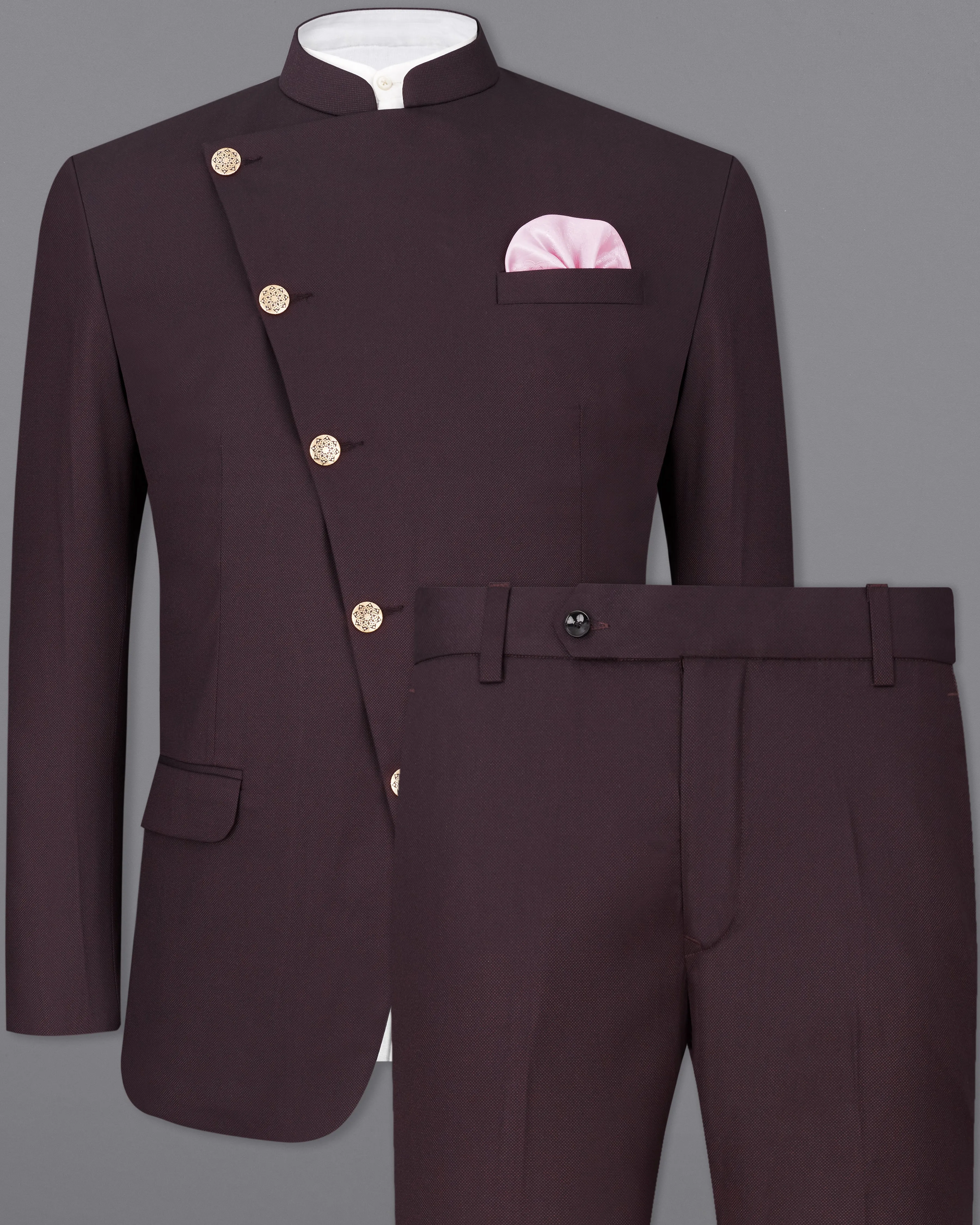 Aubergine Maroon Cross Placket Bandhgala Suit