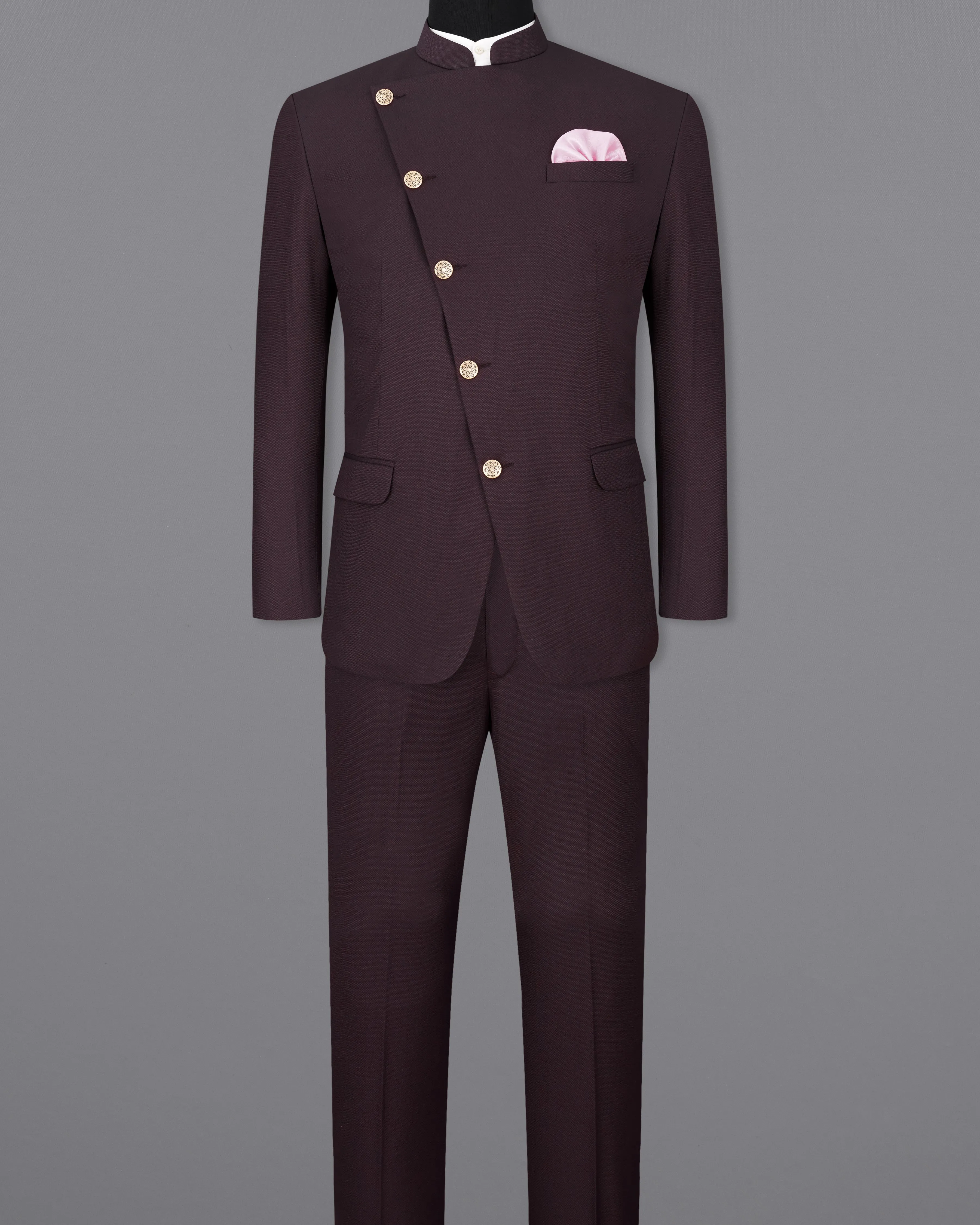 Aubergine Maroon Cross Placket Bandhgala Suit