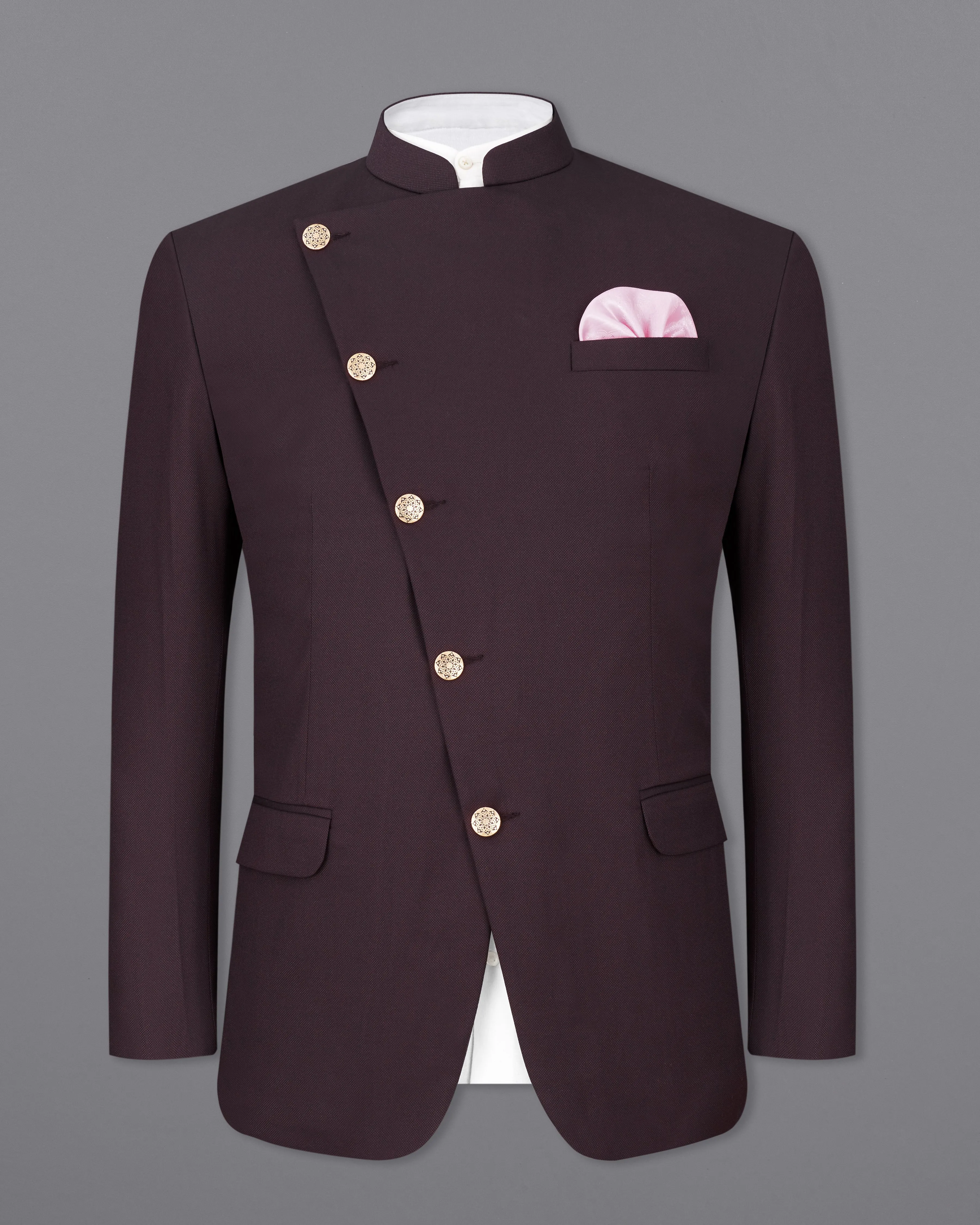 Aubergine Maroon Cross Placket Bandhgala Suit