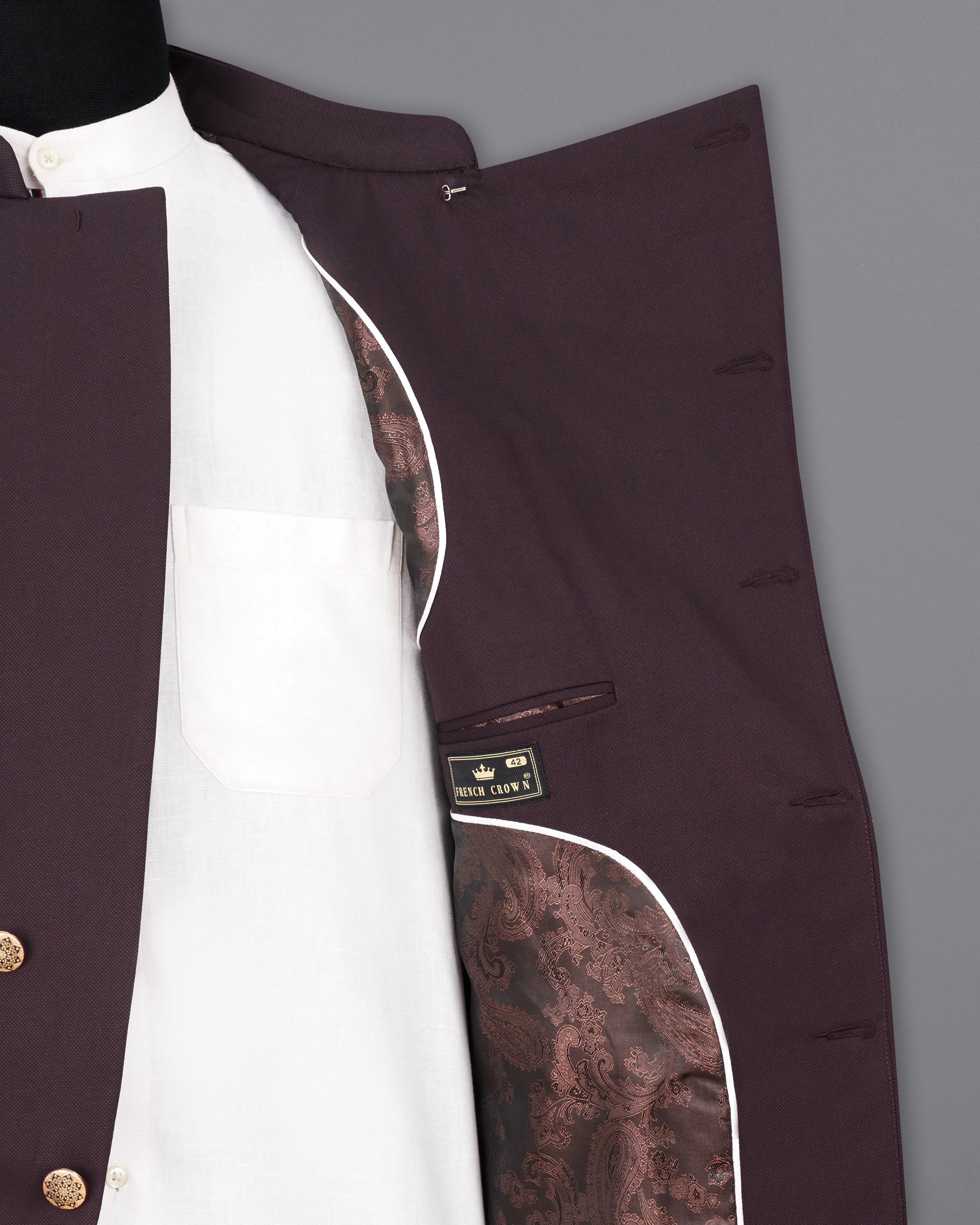 Aubergine Maroon Cross Placket Bandhgala Suit