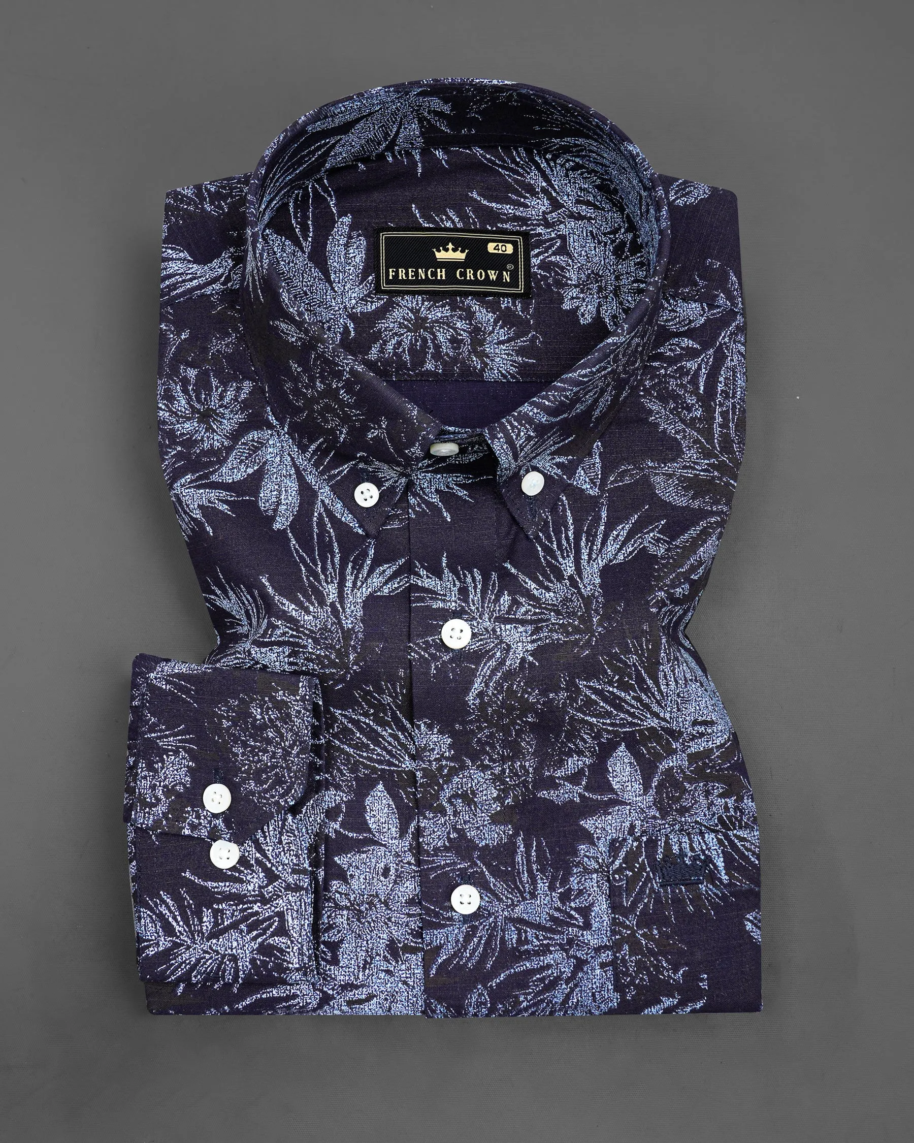 Blackcurrant Navy Blue with Ship Cove Blue Floral Chambray Textured Premium Cotton Shirt