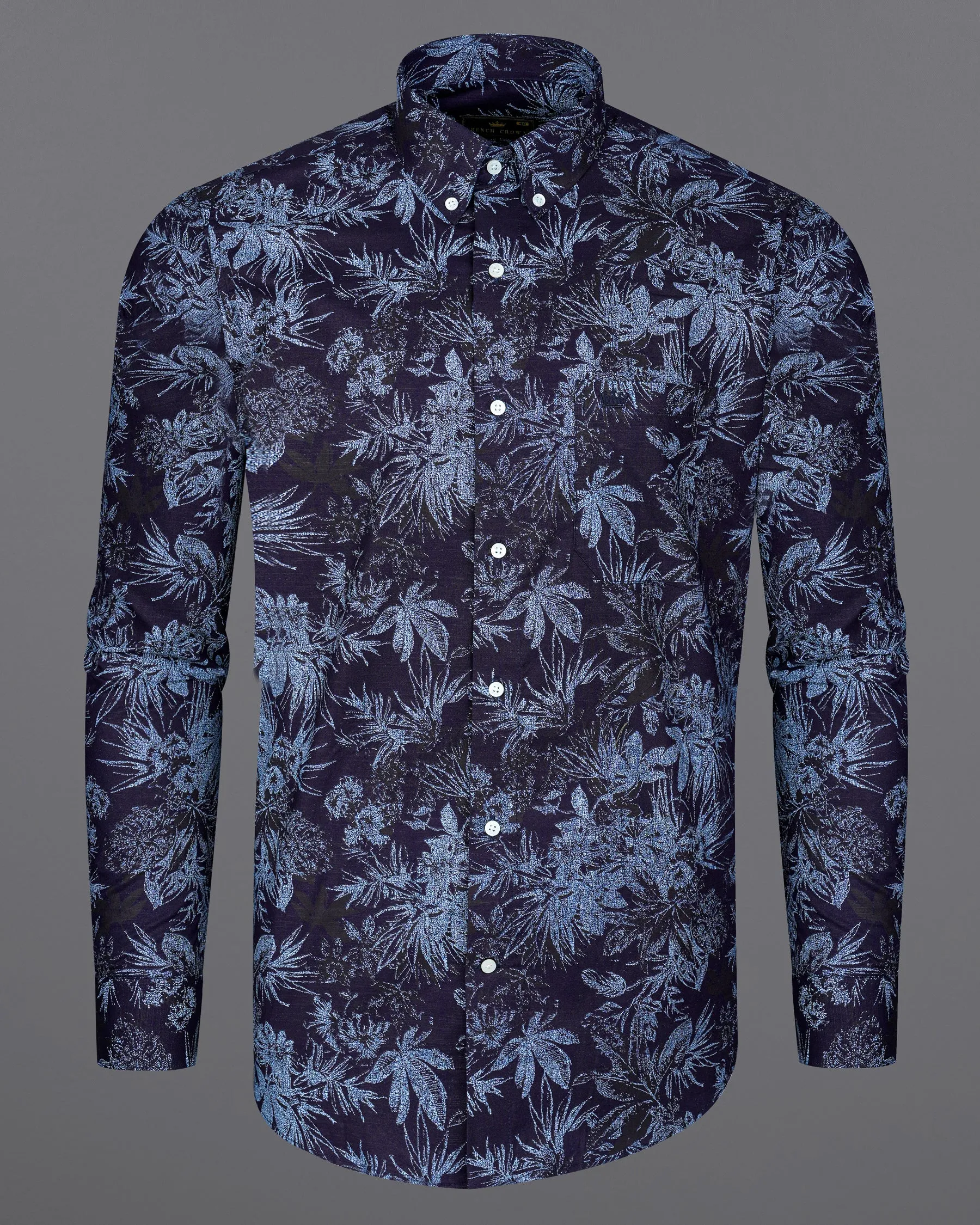 Blackcurrant Navy Blue with Ship Cove Blue Floral Chambray Textured Premium Cotton Shirt