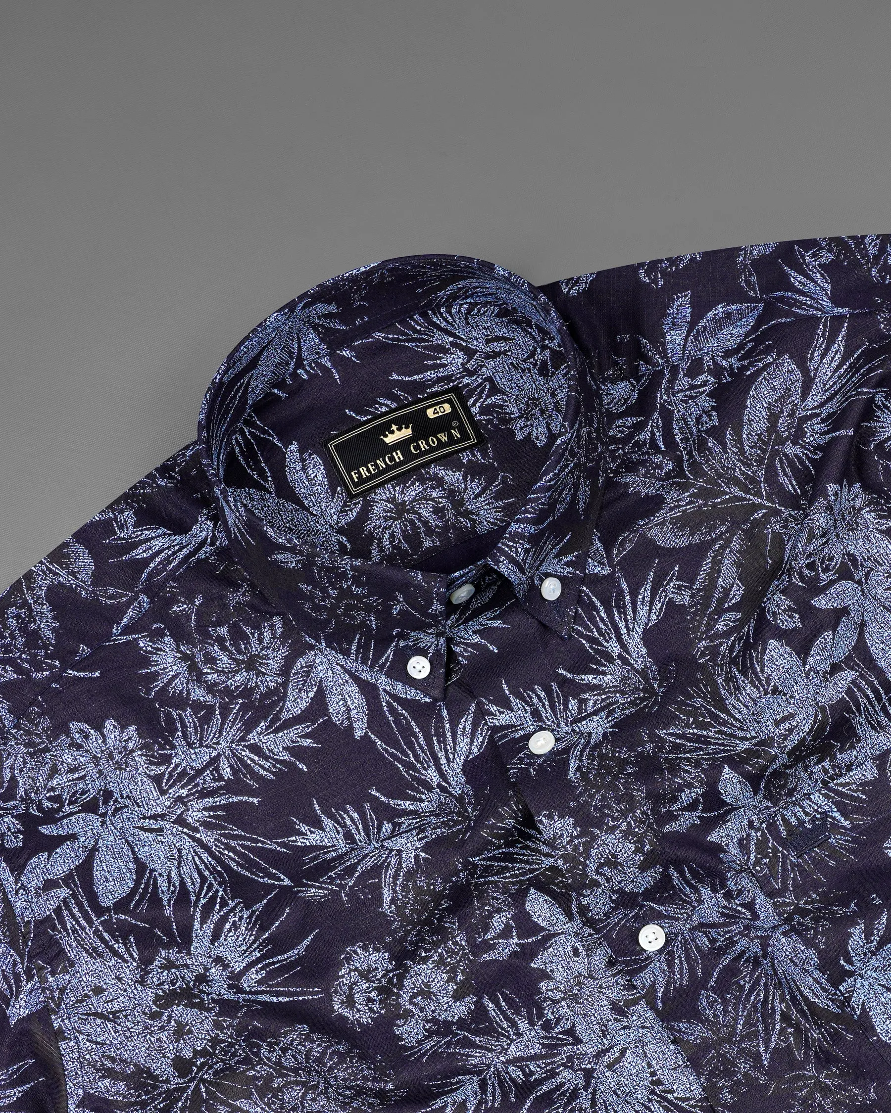 Blackcurrant Navy Blue with Ship Cove Blue Floral Chambray Textured Premium Cotton Shirt