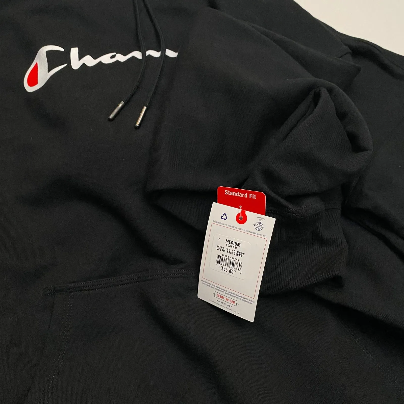 Champion Mens Fleece Pullover Hoodie Sweatshirt | M | Black | NWT