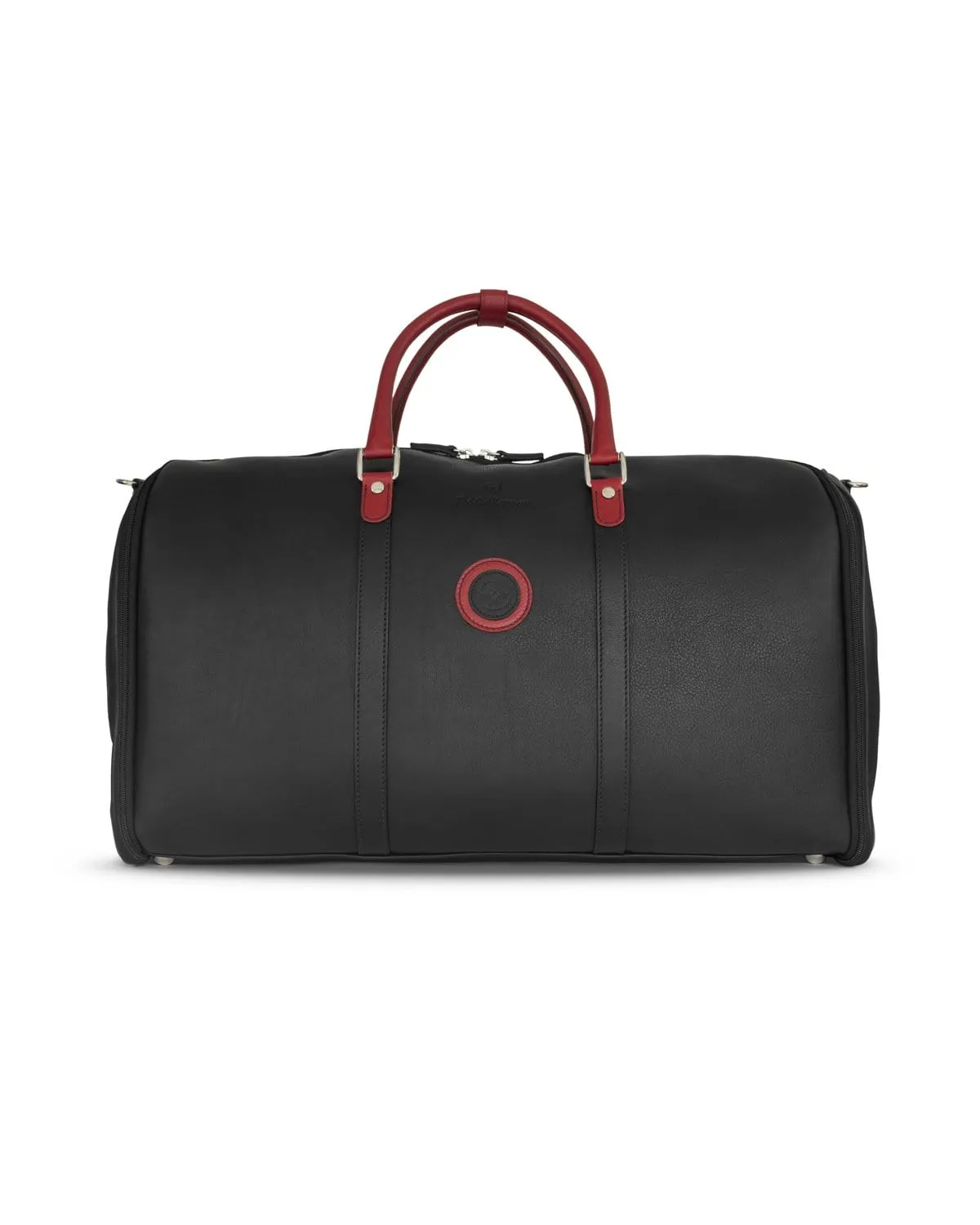 GLOBETROTTER - Full-grain Leather Weekender Garment Bag - Black/Red