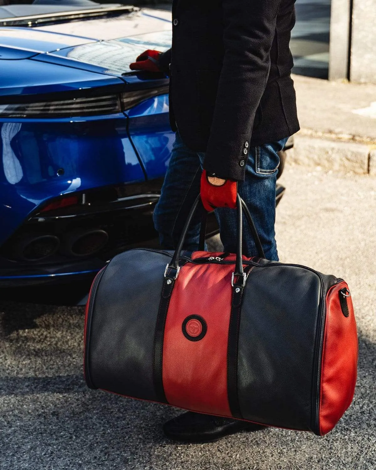 GLOBETROTTER - Full-grain Leather Weekender Garment Bag - Grey/Black/Red