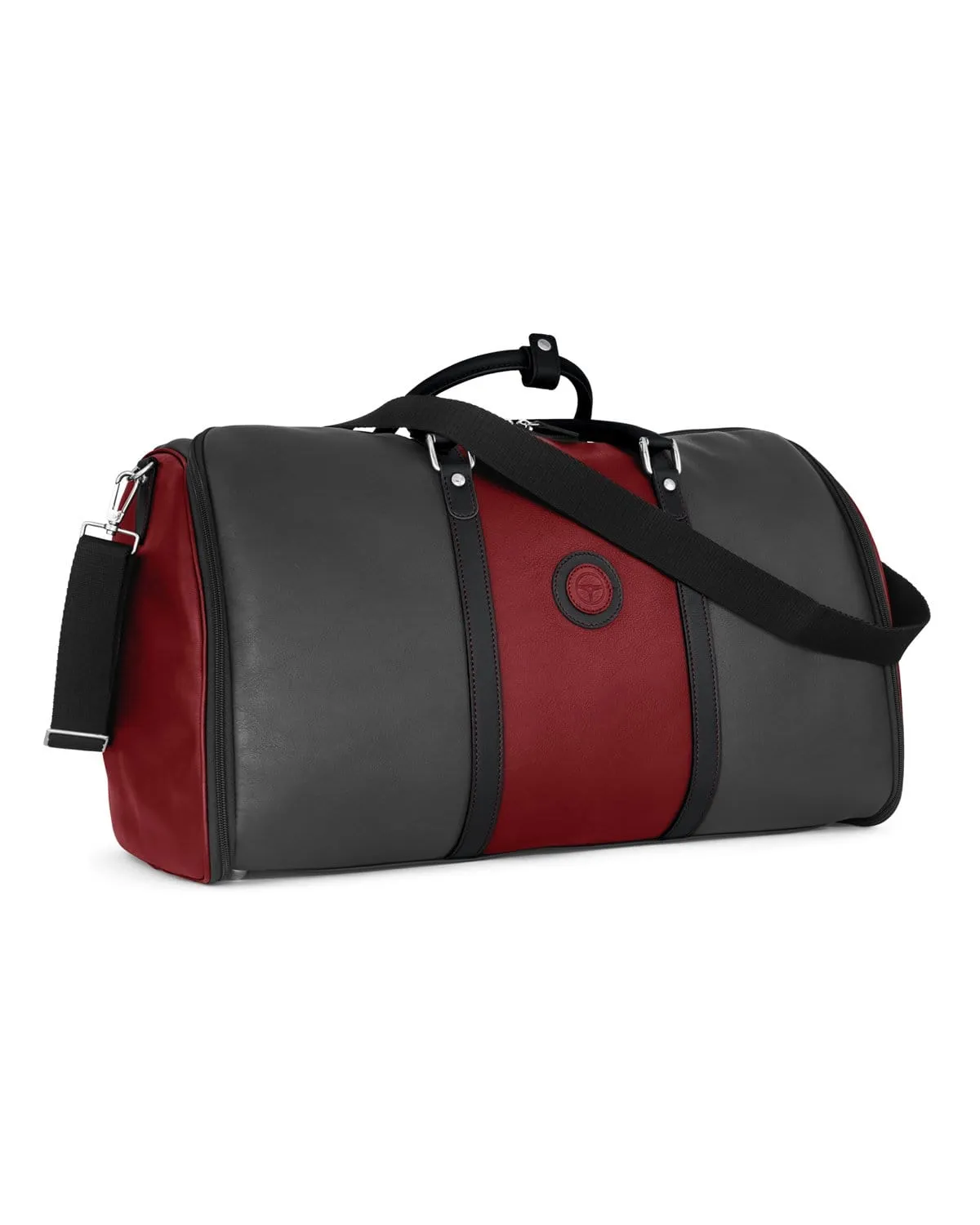 GLOBETROTTER - Full-grain Leather Weekender Garment Bag - Grey/Black/Red