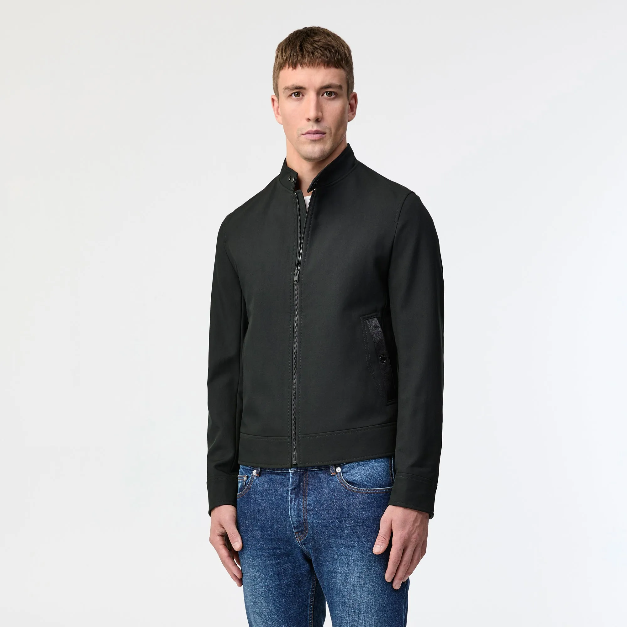 Leather Trim Harrington Jacket Dark Green