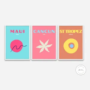 Set Of 3 Preppy Travel Posters PRINTABLE WALL ART, Preppy Room Decor, Colorful Trendy Wall Art, Dorm Room Prints, Maui Cancun St Tropez